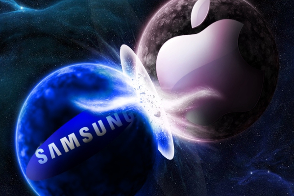 Simbolos da samsung e apple a chocarem