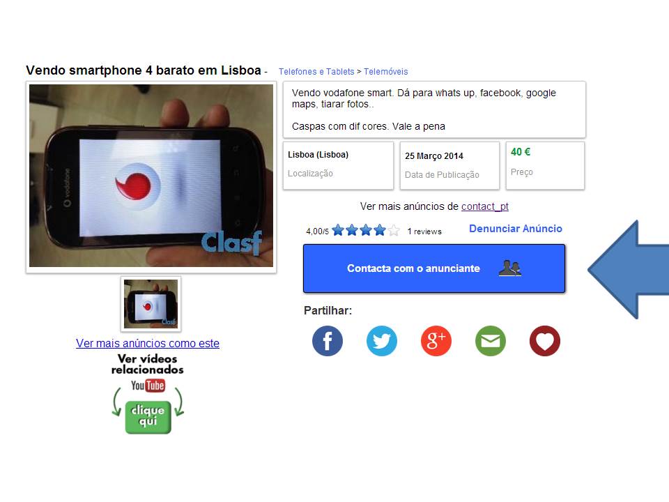 Como contatar um anunciante em Clasf basta clicar no botão azul